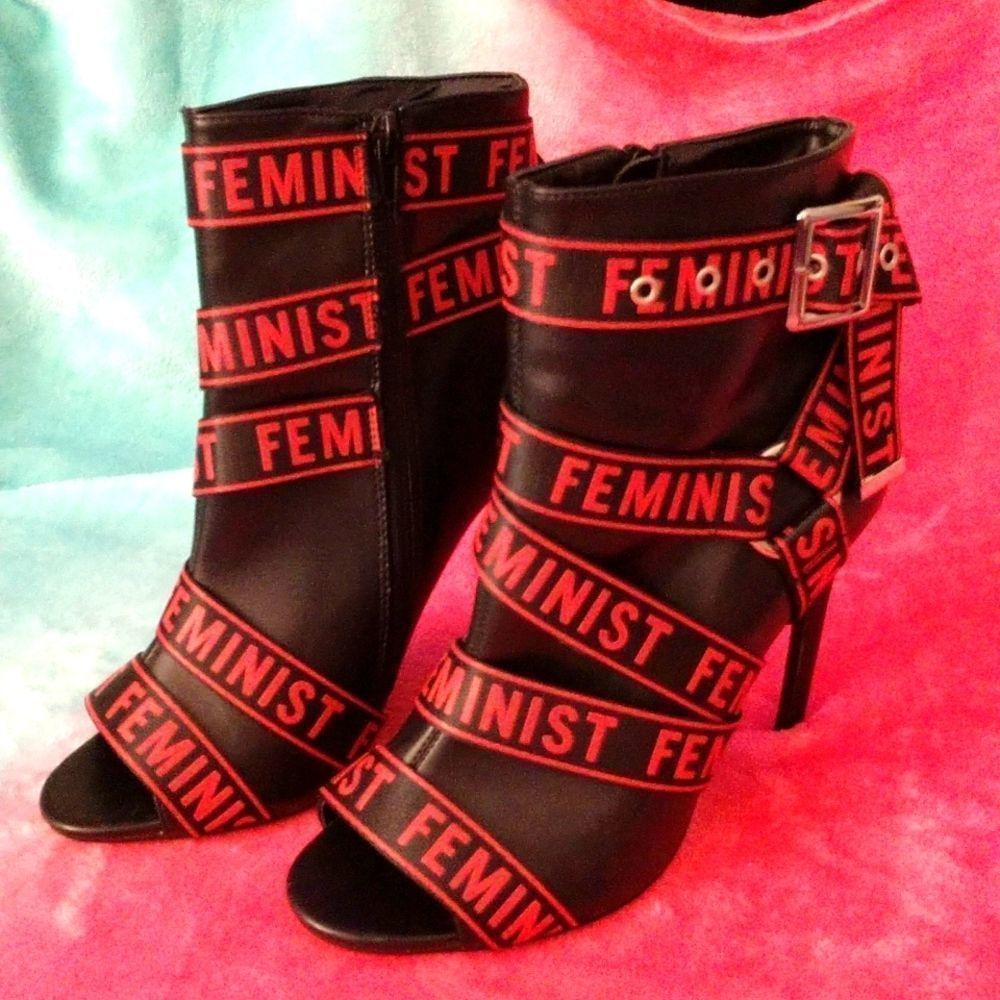 Unique Bondage Feminist High Heels Peep Toe Black & Red Women's 8